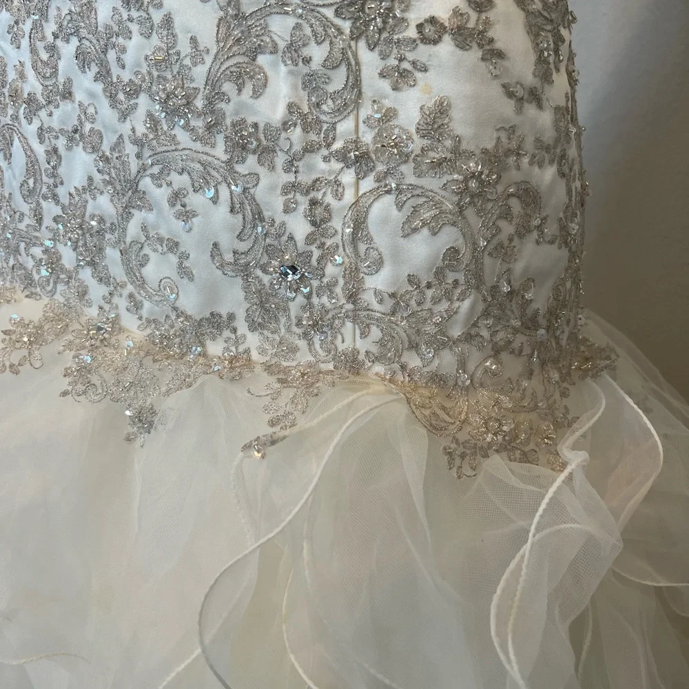 Oleg Cassini Organza Drop Waist Beaded Wedding Dress - Picture 5 of 12